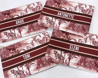 Custom Maroon Toile Canvas Pouch: Personalized Zippered Gift