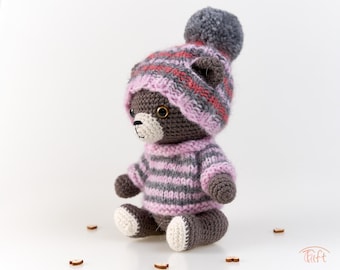 Crocheted Teddy Bear Amy: Wool Alpaca Plush with Knitted Sweater