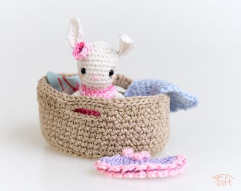 Miniature Amigurumi Bunny Clara: Handmade Crochet Plush with Basket Bed & Accessories