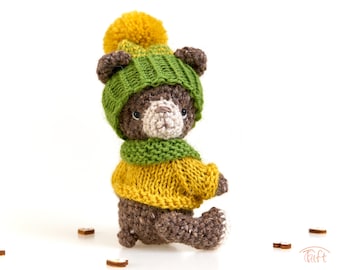 Miniature Jointed Teddy Bear: Handmade Plush Toy with Knitted Clothes