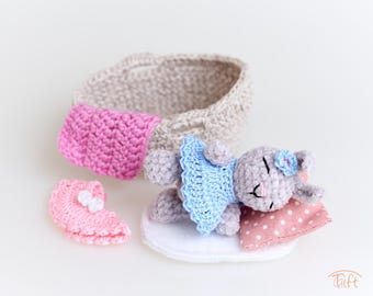 Miniature Amigurumi Bunny Linda: Handmade Crochet Plush with Basket Bed & Accessories