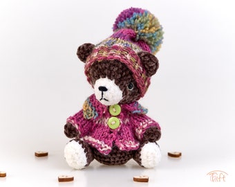 Miniature Jointed Teddy Bear: Handmade Plush Amigurumi in Knitted Wool Clothes