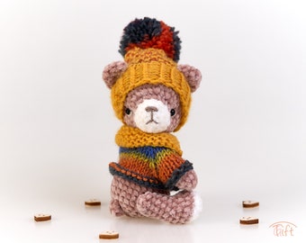 Miniature Jointed Teddy Bear: Handmade Plush Toy with Knitted Clothes