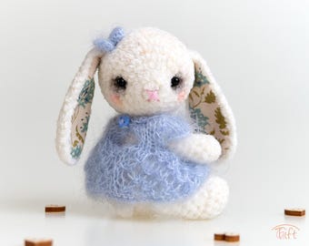 Handmade Mohair Bunny Manon: Tiny Plush Amigurumi in Silk Dress