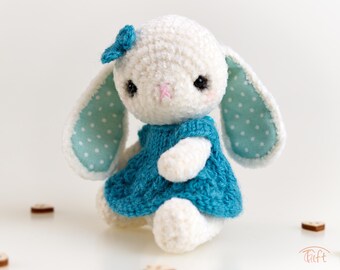 Handmade Plush Bunny: Tiny Jointed Amigurumi Rabbit in Merino Wool Dress