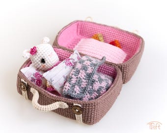 Crochet Bunny in a Suitcase – miniature handmade toy set with clothes and bedding, collectible gift