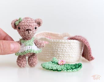 Miniature Amigurumi Bear Lucy: Handmade Crochet Plush with Basket Bed & Accessories