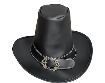 Sombrero de cuero de peregrino cazador de brujas del siglo XVII-XVIII con hebilla decorada