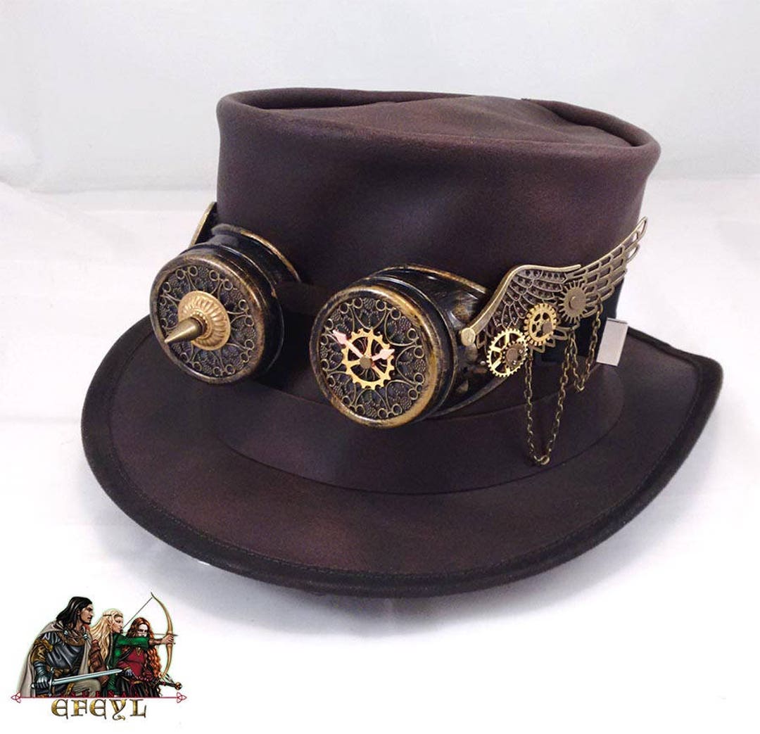 Steampunk Leather Top Hat With Winged Goggles - Etsy