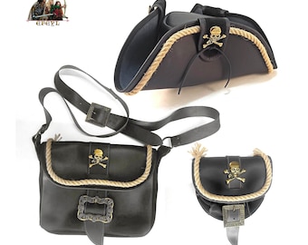 Conjunto pirata de cuero (sombrero tricornio, bolso bandolera y cinturón)
