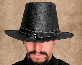 Sombrero de cuero repujado de lujo de peregrino y cazador de brujas, siglos XVII-XVIII
