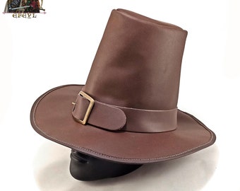 Sombrero de cuero de peregrino, cazador de brujas, siglo XVII-XVIII, marrón