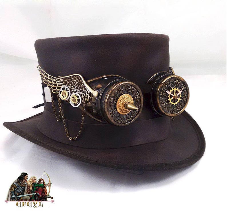 Steampunk leather top hat with winged goggles | Etsy