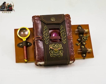 Accesorio de cinturón Steampunk, conjunto de detective Sherlock Holmes con diario de cuero y lupa