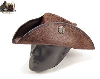 Sombrero tricornio de cuero auténtico tallado estilo pirata y steampunk de lujo