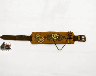 Pulsera de cuero steampunk con decoraciones de metal, llave, cadena y engranajes 12