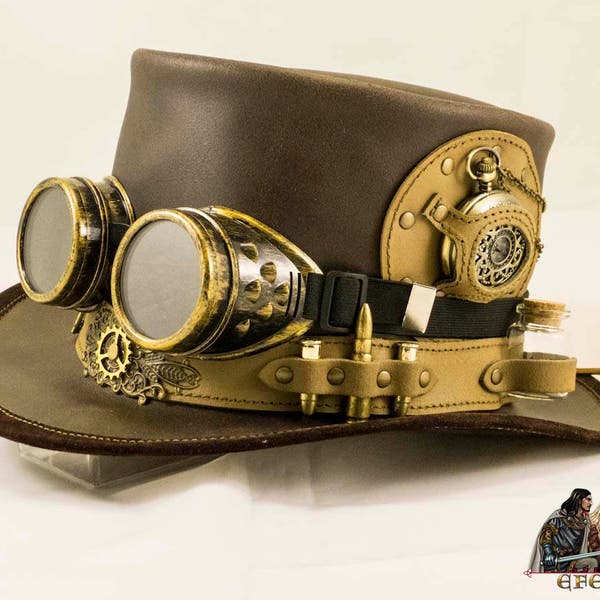 Steampunk leather decorated top hat time traveller with goggles