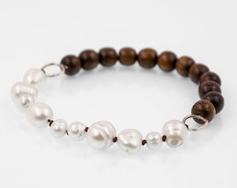 Boho Freshwater Pearl Bracelet – Wood Beads – Hand-Hammered Fine Silver