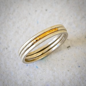 Silver and Gold Stacking Rings | Hand-Hammered 14K Gold Filled Brushed Sterling Silver Mixed Metal | Solid 14K Gold | Midas Touch | Set of 3