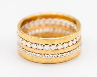 Mixed Metal Stacking Ring Set – 14K Gold & Sterling Silver