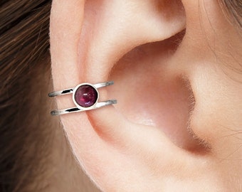 Handmade Red Garnet Ear Cuff – Sterling Silver – Dainty Minimalist Birthstone