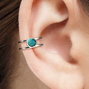 Sterling Silber Türkis Ohrmanschette | Doppeldraht | Zierliche Blaue Edelstein Schmuck | Nettes Geschenk für Sie | Moderne Minimal Knorpel Ohrringe