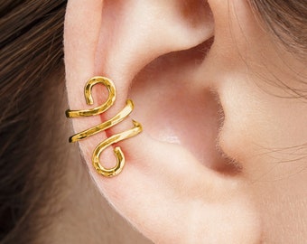 Double Scroll Ear Cuff | 14K or 18K Yellow Gold Ear Cuffs | 14K Gold Filled | Hand Hammered | Trendy in Fashion Earcuff Non-Pierced Earring