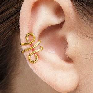 Double Scroll Ear Cuff | 14K or 18K Yellow Gold Ear Cuffs | 14K Gold Filled | Hand Hammered | Trendy in Fashion Earcuff Non-Pierced Earring
