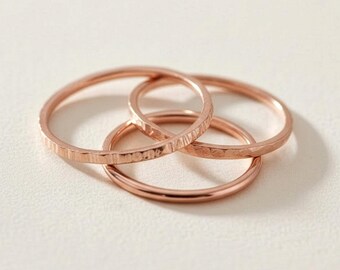 Rose Gold Stacking Rings – Hand–Hammered Bohemian Style – Set of 3