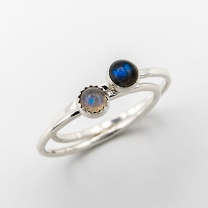 Silver Ring Set | Labradorite + Rainbow Moonstone | Dainty Sterling Silver Stacking Ring | Tiny Gemstone Birthstone Ring | Petite Mini Ring
