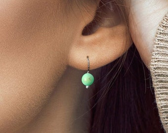 Opaque Chrysoprase Sterling Silver Earrings | Size Small 6mm | Hand-Hammered Sterling Ear Wires | Minimal Dainty Simple Mint Green