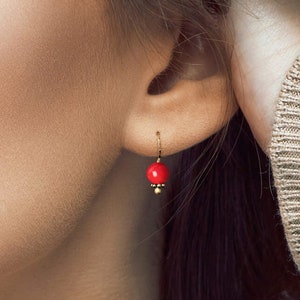 Red Coral Gold Earrings | Size Small 6mm | Hand-Hammered 14K Yellow Gold or Gold Filled Ear Wires | Bali Elegant Dainty Simple