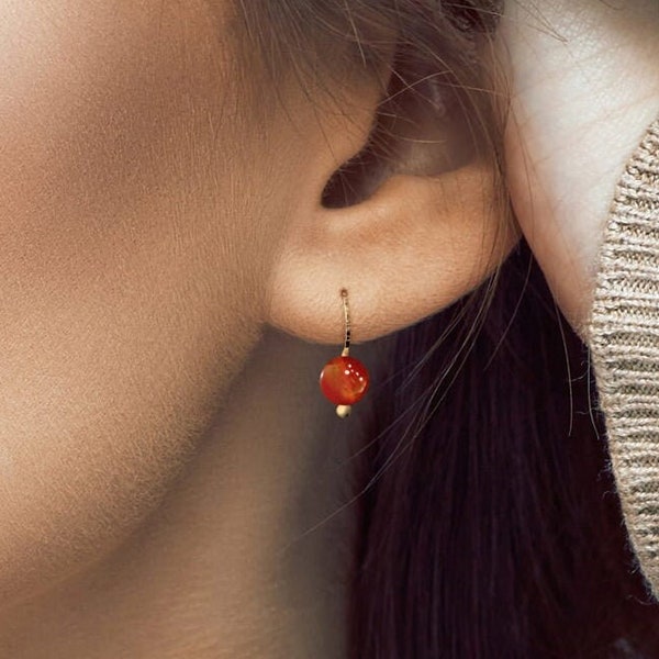 Carnelian Gold Earrings | Size Small 6mm | Hand-Hammered 14K Yellow Gold or Gold Filled Ear Wires | Elegant Dainty Simple Red