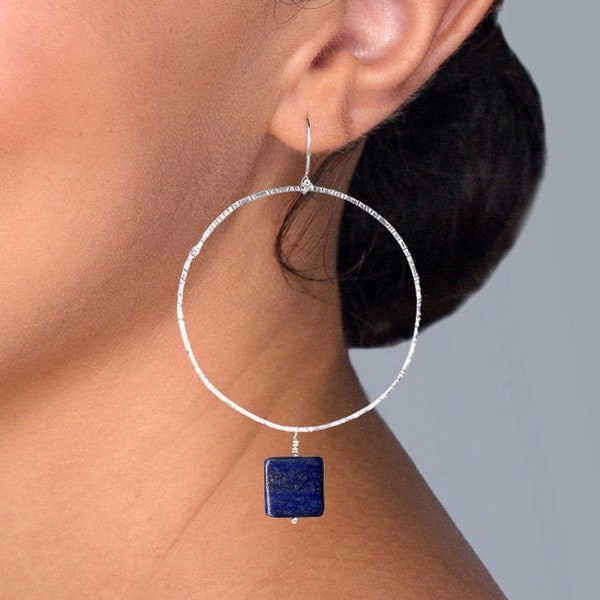 Lapis Lazuli Dangle Hoop Earrings | Hand-Hammered Sterling Silver | 'Blue Square Earrings'