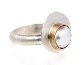 Modern Freshwater Pearl Ring | Satin Brushed Sterling Silver & Brass | Discus Ring