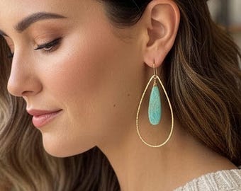 Boho Gemstone Earrings • Long Teardrop Hoops • Natural Stones • Sterling Silver or Gold Filled