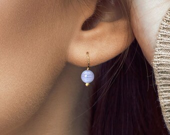 Blue Lace Agate Gold Earrings | Small Size 6mm Everyday Earrings | 14K Solid Gold or Gold Filled | Women Gift for Her Elegant Dainty Simple