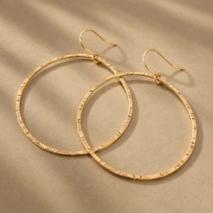 Op de afbeelding: Een paar goudkleurige oorringen met een dun, cirkelvormig draadontwerp en een getextureerde, gehamerde afwerking. Elke oorbel is voorzien van een gebogen haaksluiting en heeft een reflecterend metalen oppervlak over het gehele ontwerp.