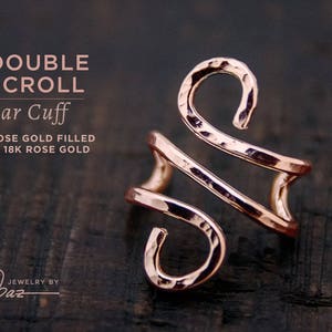 Double Scroll Ear Cuff | 14K Rose Gold Ear Cuffs | 14K Rose Gold Filled | Hand-Hammered | Trendy in Fashion Earcuff Non-Pierced Earring