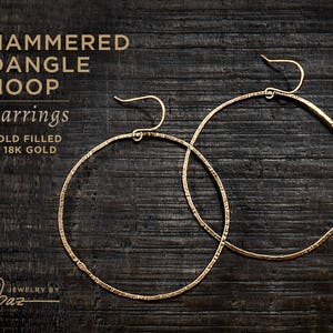 Hammered Gold Organic Dangle Hoop Earrings | 14K Yellow Gold Filled or 14K Solid Yellow Gold | Hand-Hammered Light Bohemian Earrings