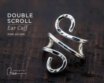 Silver Ear Cuff | Hand Hammered Ear Cuff | Double Scroll Ear Cuffs | Fine Silver | Very Trendy in Fashion | Earcuff | Non-Pierced Earring