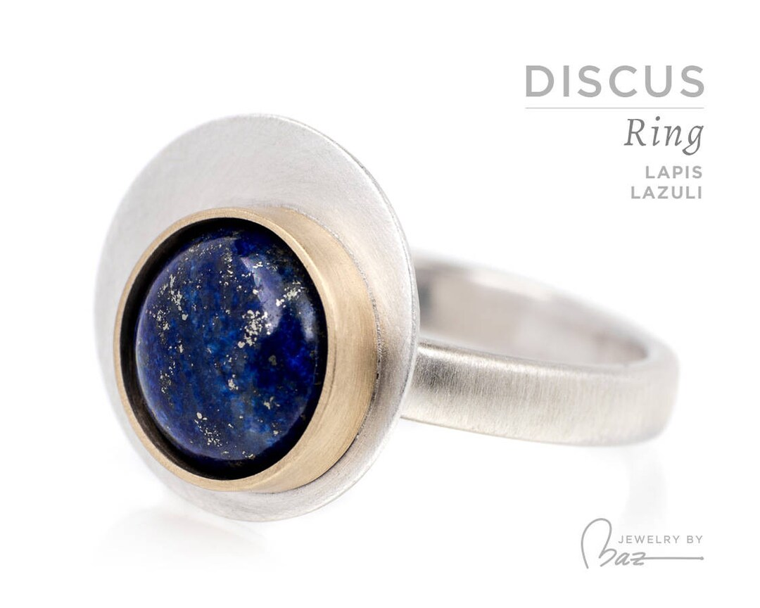 Discus Inset Ring Lapis Lazuli Ring – Modern Minimalist Sterling Silver Gold Brass Discus ...