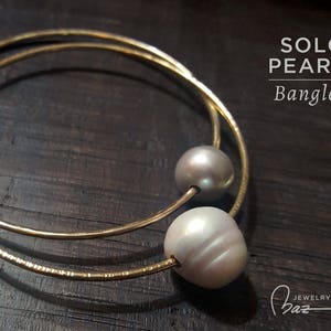 Hammered Bangle with Freshwater Pearl – 14K Gold Filled or Sterling Silver