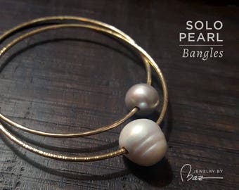 Gehämmerter Armreif mit Süßwasserperle – 14K Gold Fill oder Sterling Silber
