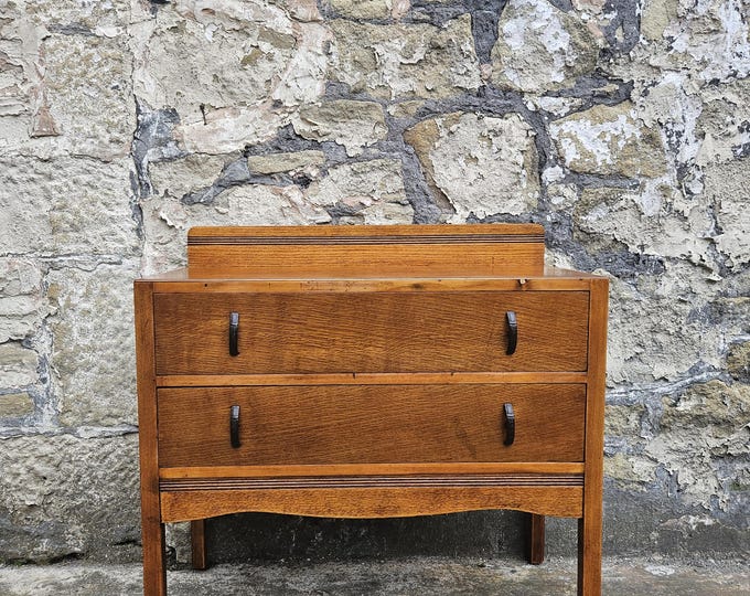 Vintage Mid-Century Modern Oak Chest: Two Drawer Tallboy Cabinet
