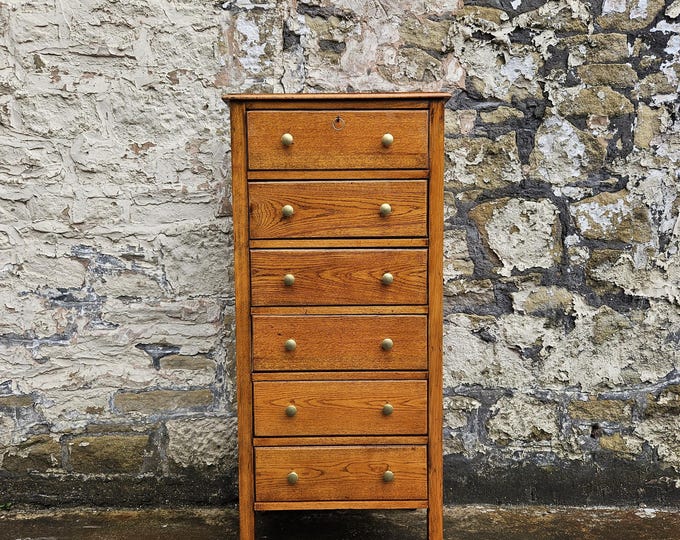 Vintage Oak Chest of Drawers: Mid-Century Modern Six Drawer Tallboy, 1930s Cabinet