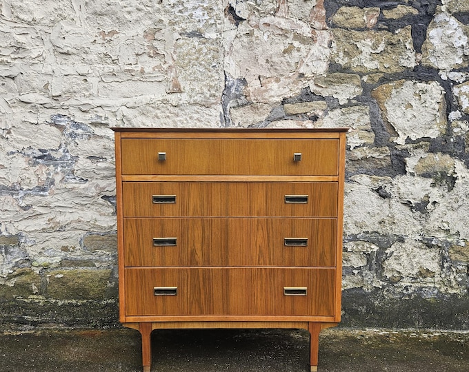 Mid Century Teak Chest of Drawers: Vintage Tallboy Cabinet Four Drawer With Brass Detailing