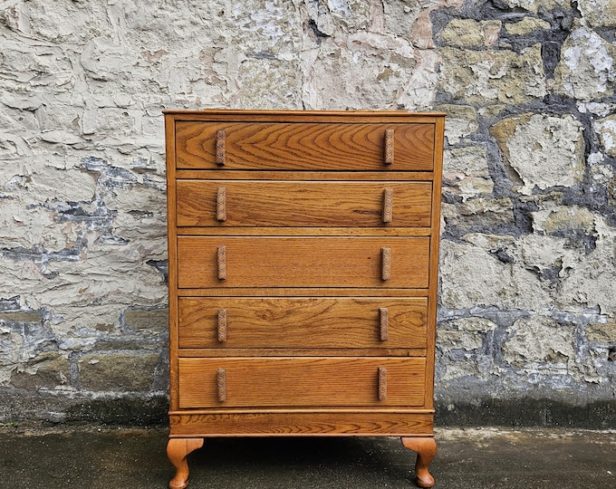 Vintage Oak Chest of Drawers, Five-Drawer Tallboy Cabinet, Vintage Furniture