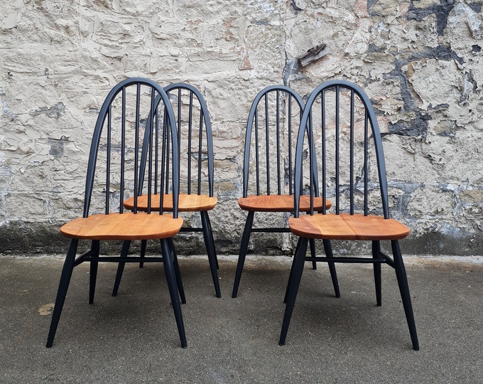 Set Of Four Ercol Quaker Windsor Dining Chairs Model 365 Mid Century Modern Retro Vintage Furniture Kitchen Bistro Black Chairs