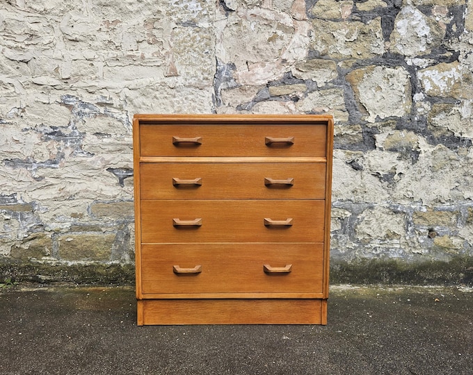 Vintage G Plan Oak Chest of Drawers: Mid-Century Brandon Tallboy Cabinet Four Drawer